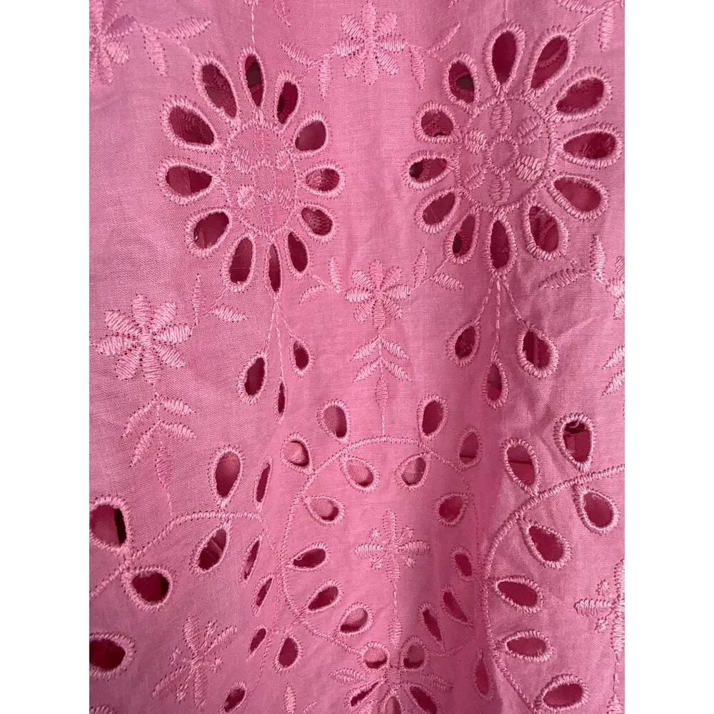J. Crew Puff-Sleeve Popover Top in Pink Eyelet Size Large